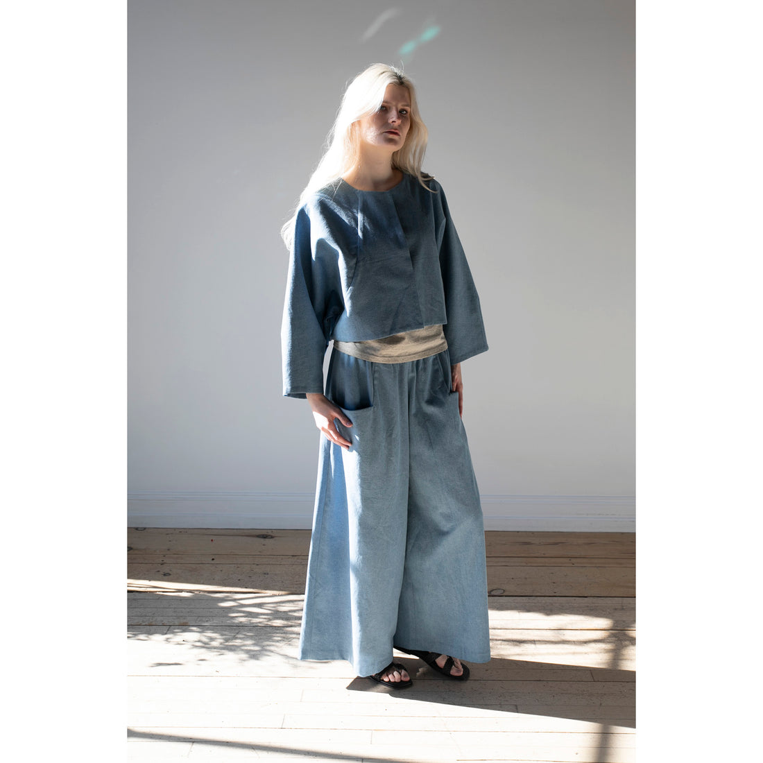 Kaarem Sponge Cropped Boxy Denim Jacket in Light Blue