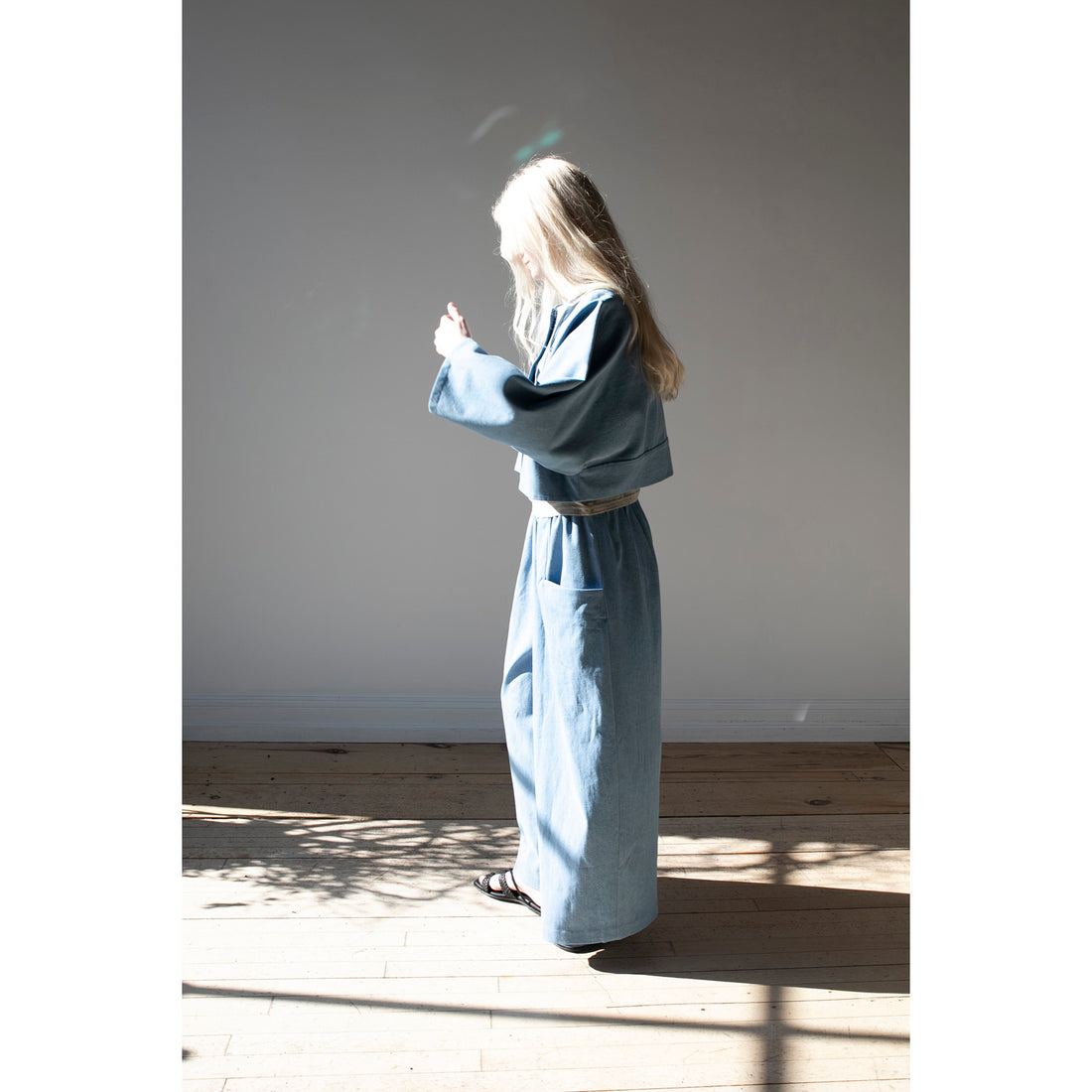 Kaarem Sponge Cropped Boxy Denim Jacket in Light Blue